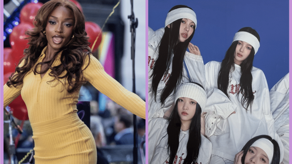 (Left) Afrobeats singer-songwriter Ayra Starr, (Right) four members of the K-Pop group NewJeans